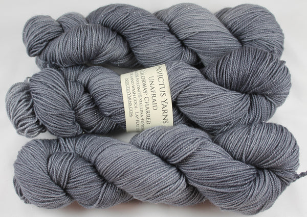 Charred Unafraid Superwash Merino/Nylon/Stellina fingering weight shimmer sock yarn