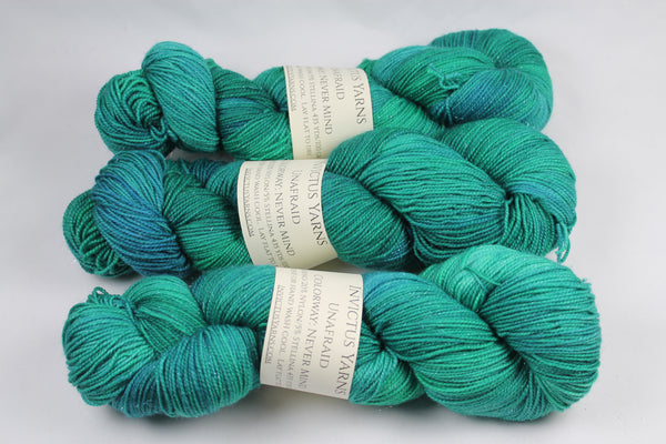 NeverMind Unafraid Superwash Merino/Nylon/Stellina fingering weight shimmer sock yarn